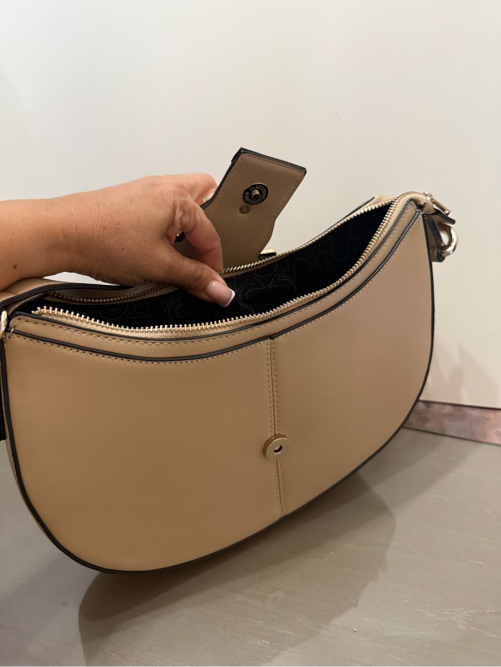 Taupe Curved Shoulder Bag with Gold Accent - Picture 2 of 3